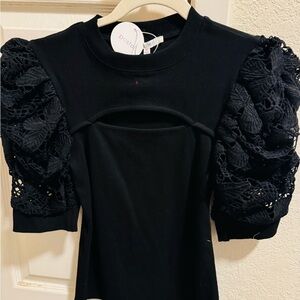 Pastels Black Puff Crochet Sleeve Top